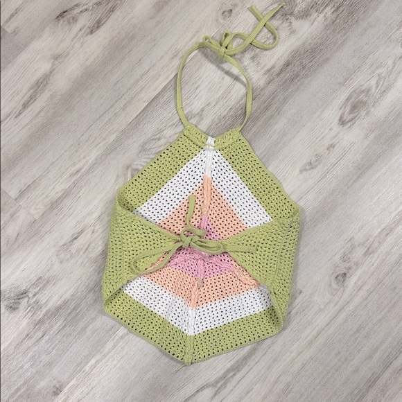 Blue Blush Y2K Fairycore Crochet Halter Tie Top – Green Pink Peach White / Sz S - Picture 2 of 6